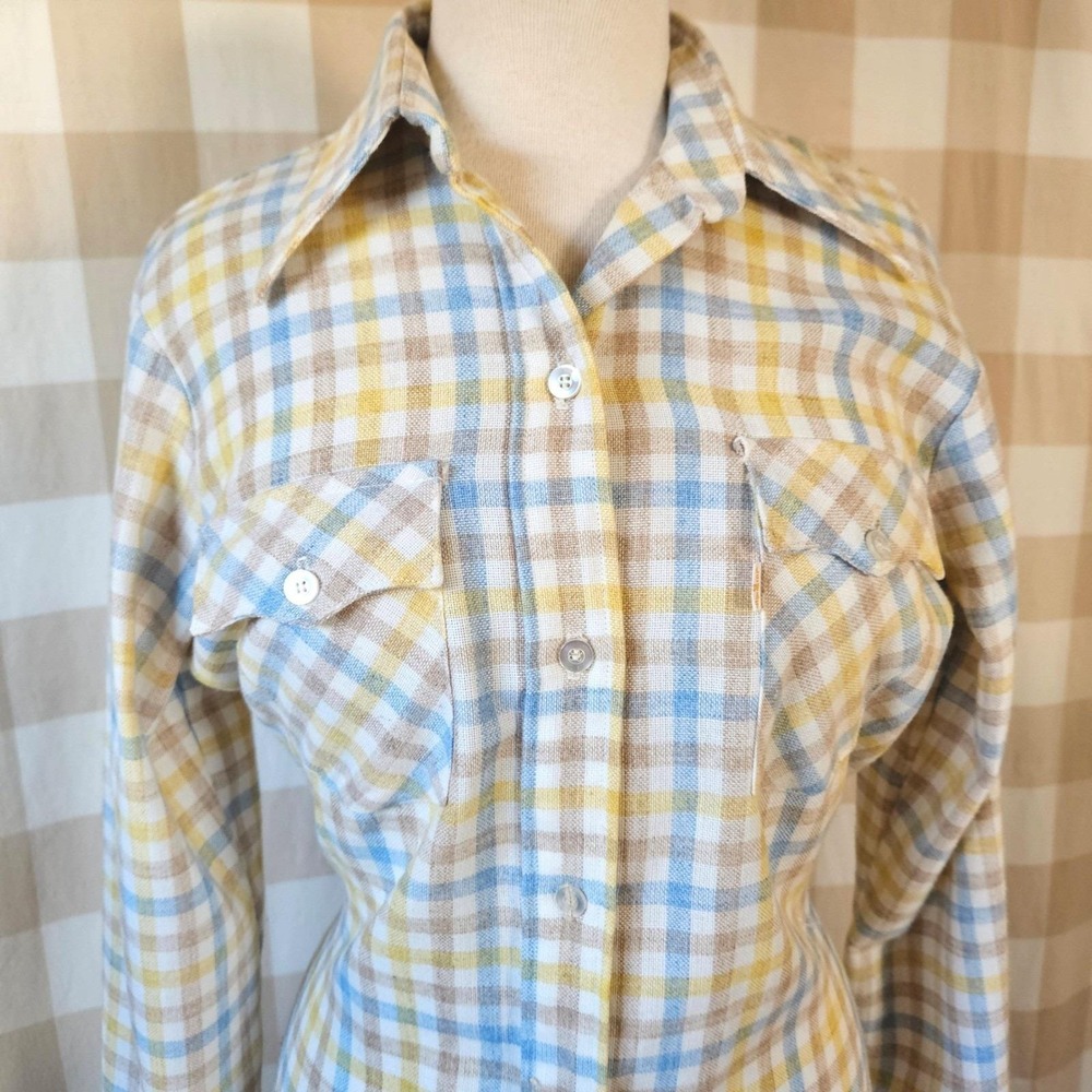 Vtg 70s LEVI'S Plaid Yellow Blue Button Front Belted Shirt Dress Midi 13/14 M/L - Picture 3 of 7